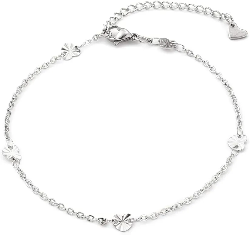 Stainless Steel Cable Anklet Bracelet Heart Links Lobster Silver Adjustable 8.7" Z24