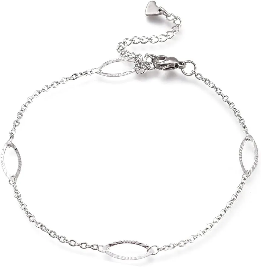 Stainless Steel Cable Anklet Bracelet Horse Eye Link Lobster Silver 8.7" Z34