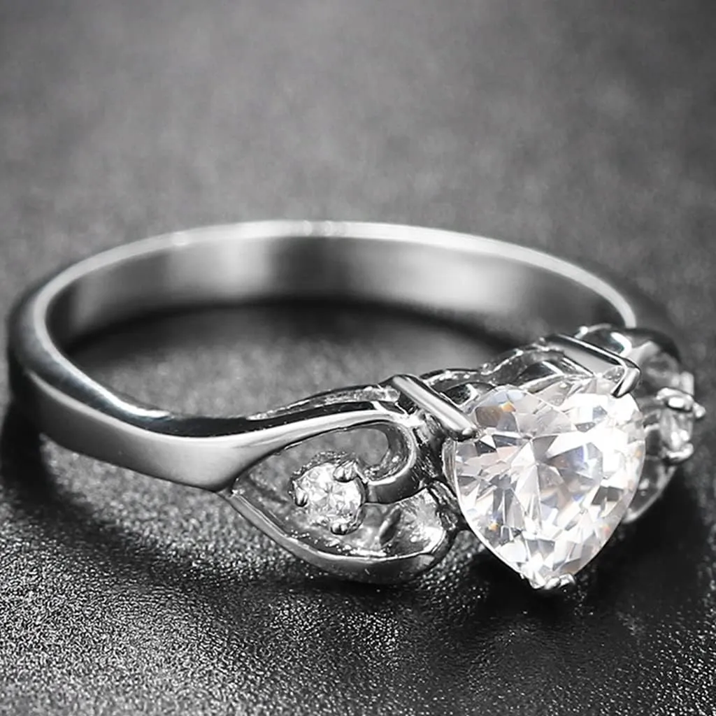 Stainless Steel Heart Shaped Simulated Diamond Solitaire Wedding Engagement Proposal Ring