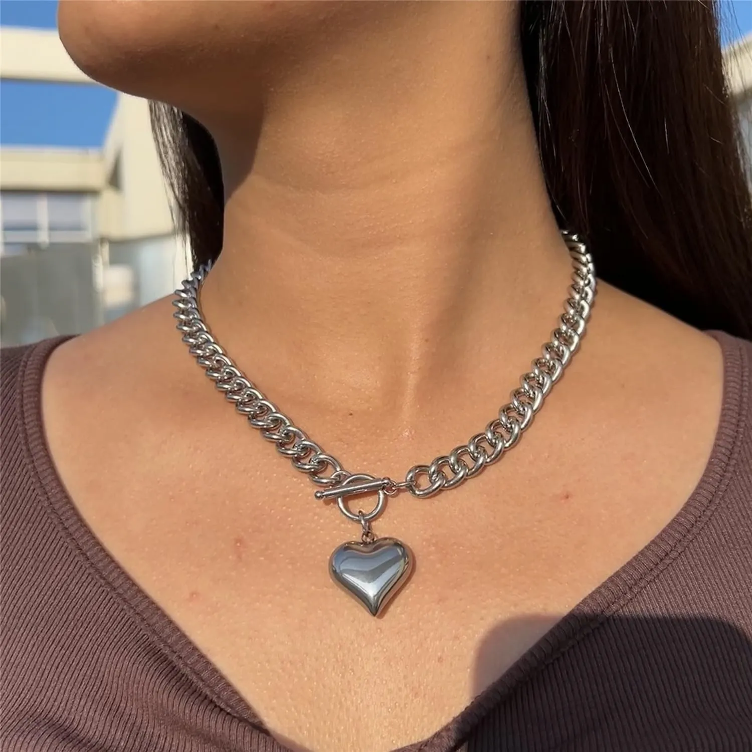 Stainless Steel Statement Chunky Big Puffy Heart Pendant Toggle Necklace for Women Thick Statement Chain Link Necklaces for Lover