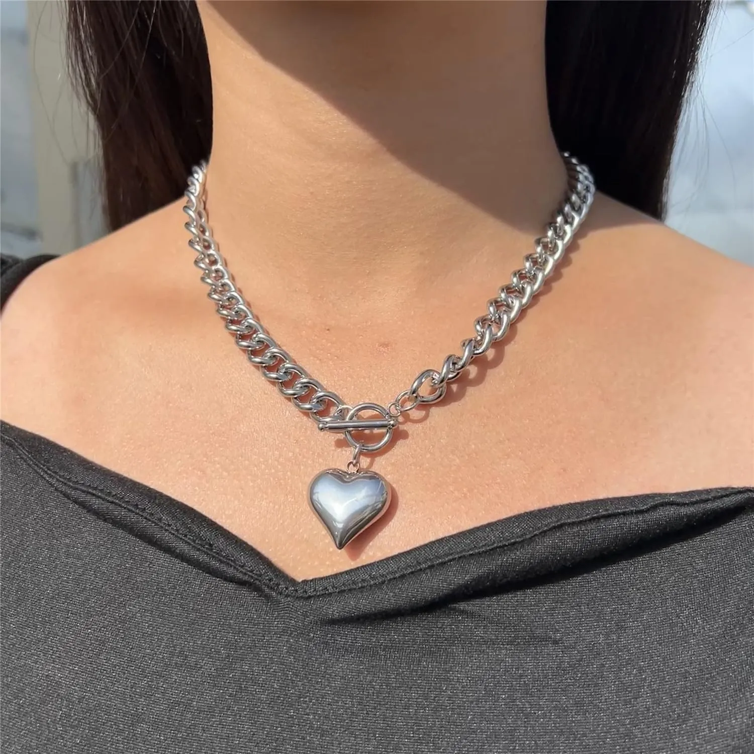 Stainless Steel Statement Chunky Big Puffy Heart Pendant Toggle Necklace for Women Thick Statement Chain Link Necklaces for Lover