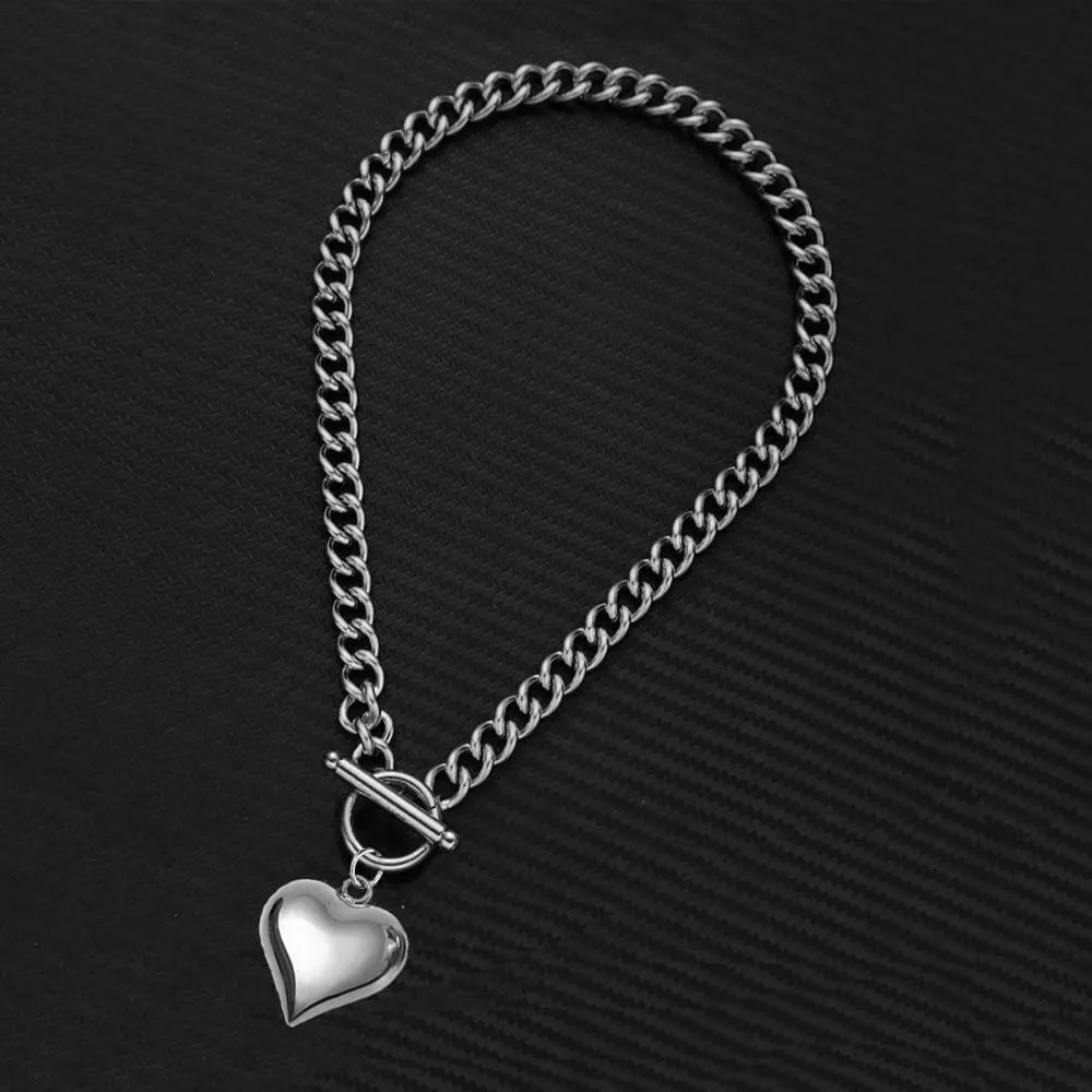 Stainless Steel Statement Chunky Big Puffy Heart Pendant Toggle Necklace for Women Thick Statement Chain Link Necklaces for Lover