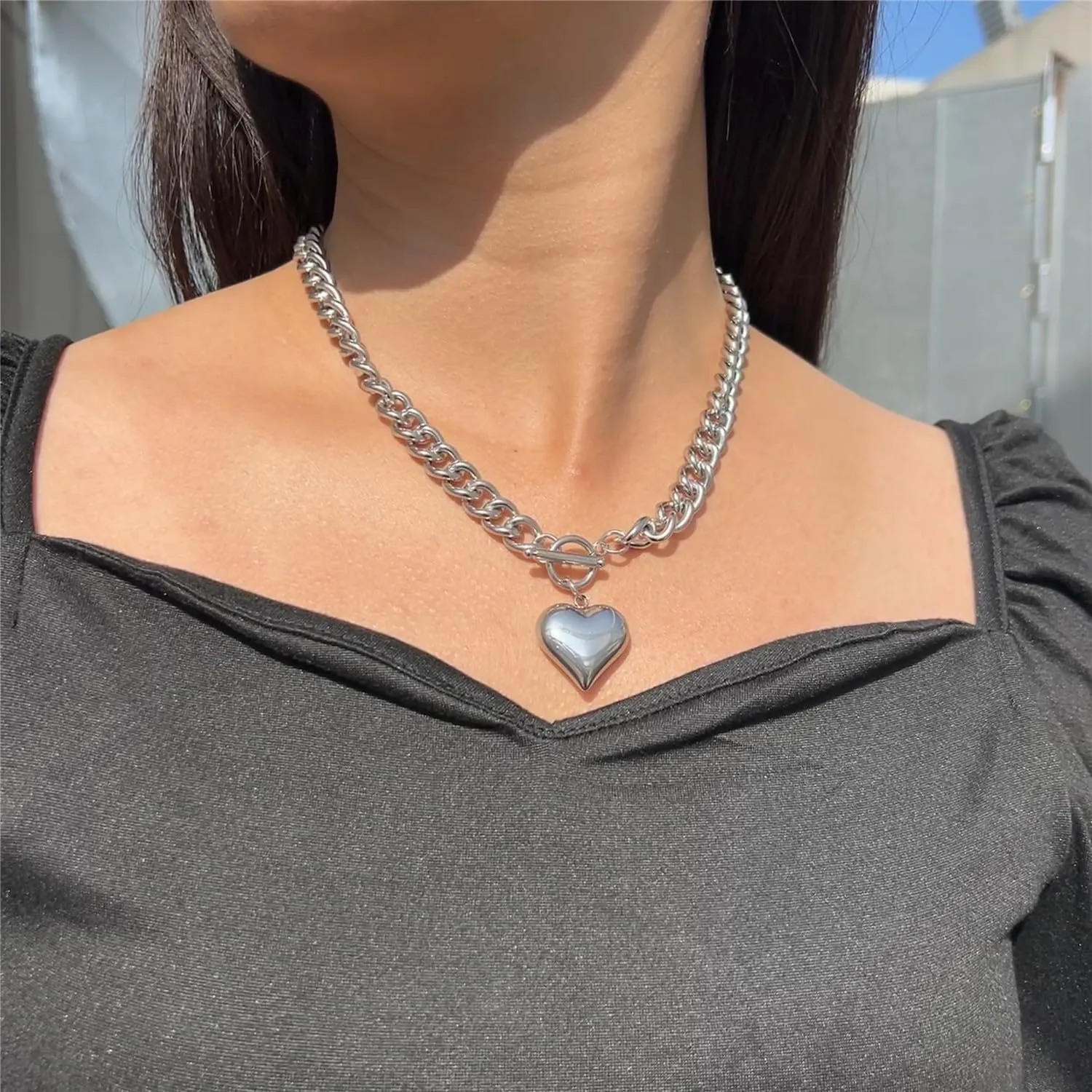 Stainless Steel Statement Chunky Big Puffy Heart Pendant Toggle Necklace for Women Thick Statement Chain Link Necklaces for Lover