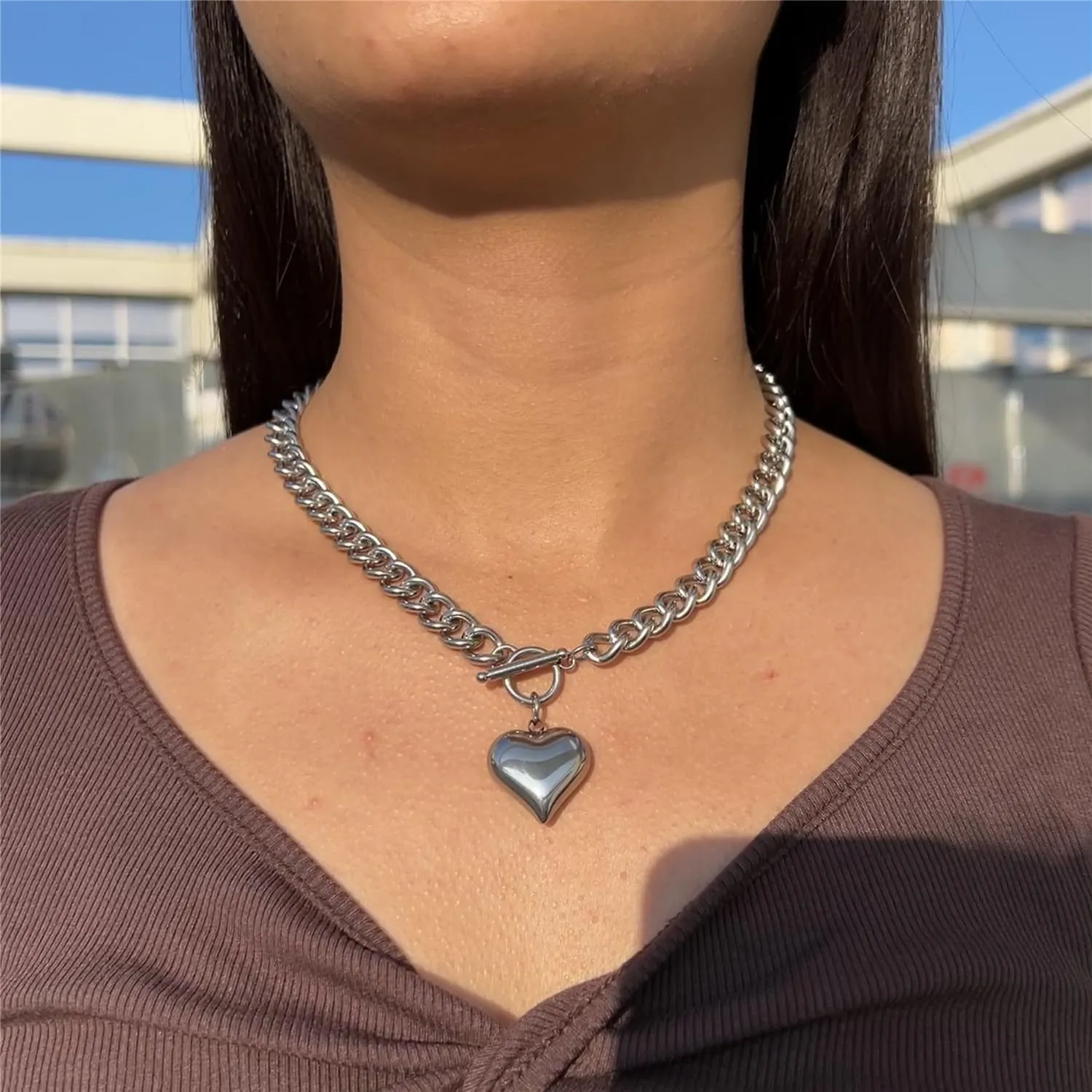 Stainless Steel Statement Chunky Big Puffy Heart Pendant Toggle Necklace for Women Thick Statement Chain Link Necklaces for Lover
