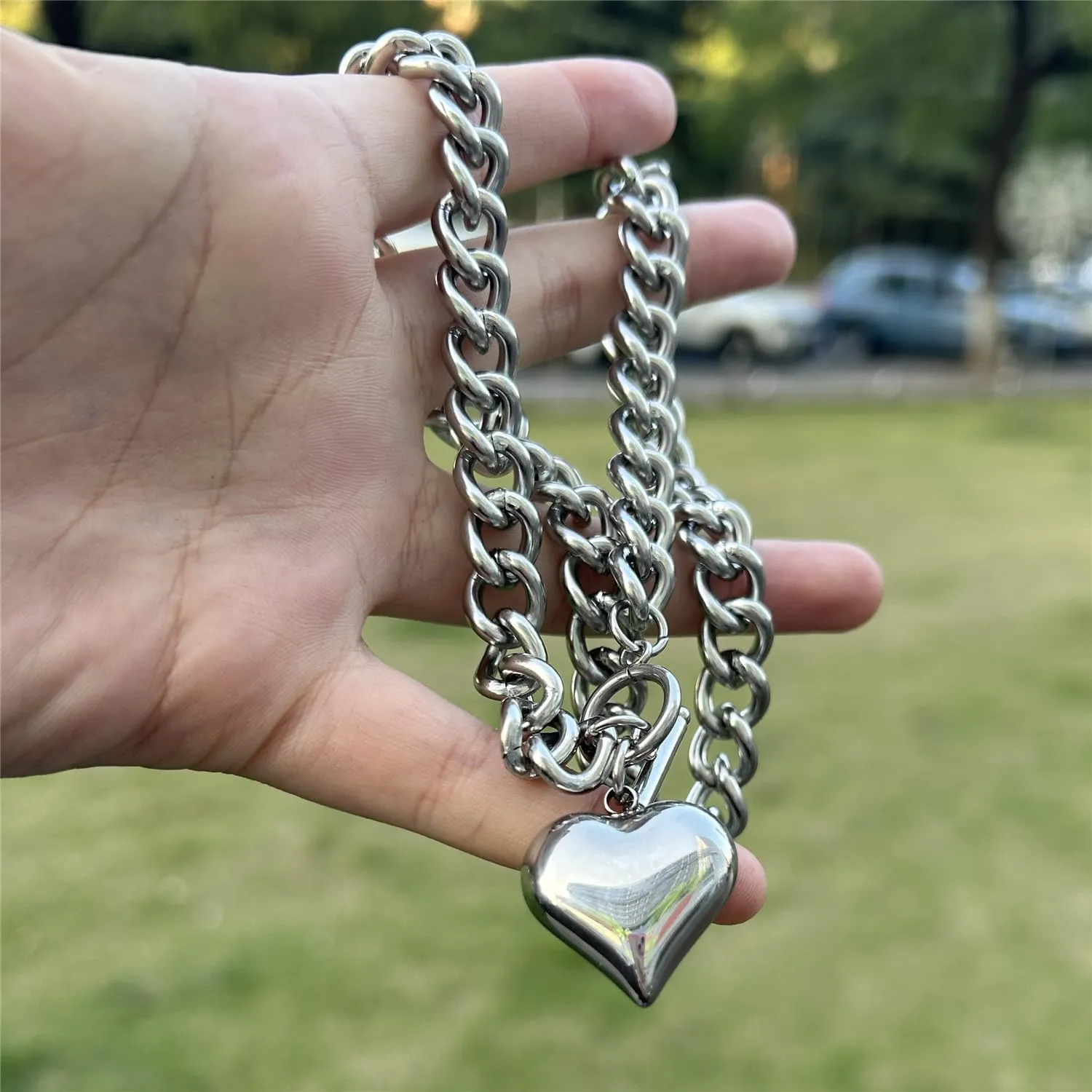 Stainless Steel Statement Chunky Big Puffy Heart Pendant Toggle Necklace for Women Thick Statement Chain Link Necklaces for Lover