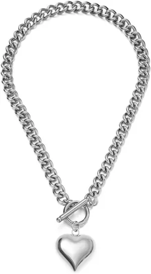 Stainless Steel Statement Chunky Big Puffy Heart Pendant Toggle Necklace for Women Thick Statement Chain Link Necklaces for Lover