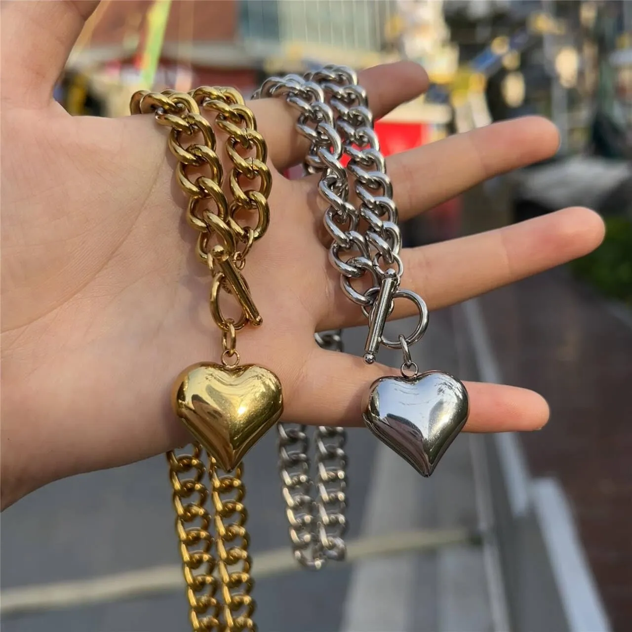 Stainless Steel Statement Chunky Big Puffy Heart Pendant Toggle Necklace for Women Thick Statement Chain Link Necklaces for Lover