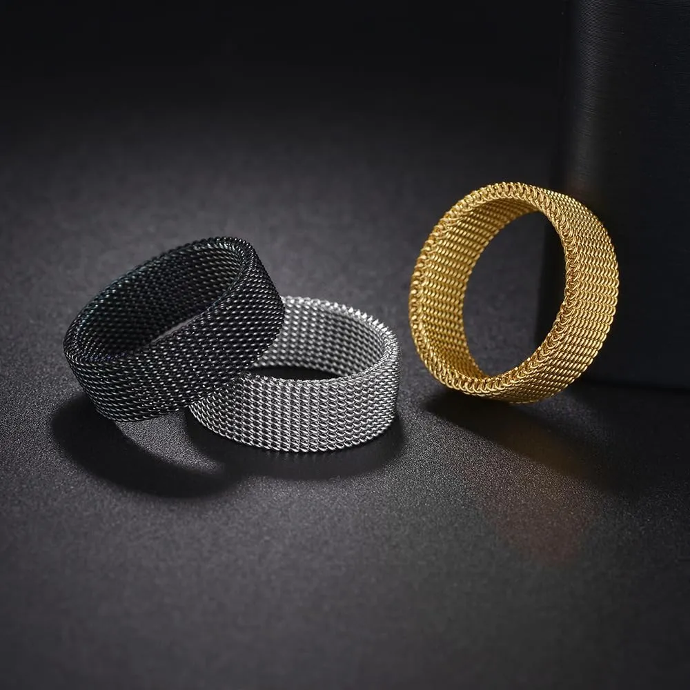 Stainless Steel Woven Mesh Ring for Men and Women, 8MM Mesh Simple Plain Wedding Band Ring Hiphop Punk Jewelry Gifts
