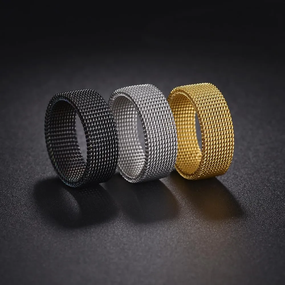 Stainless Steel Woven Mesh Ring for Men and Women, 8MM Mesh Simple Plain Wedding Band Ring Hiphop Punk Jewelry Gifts