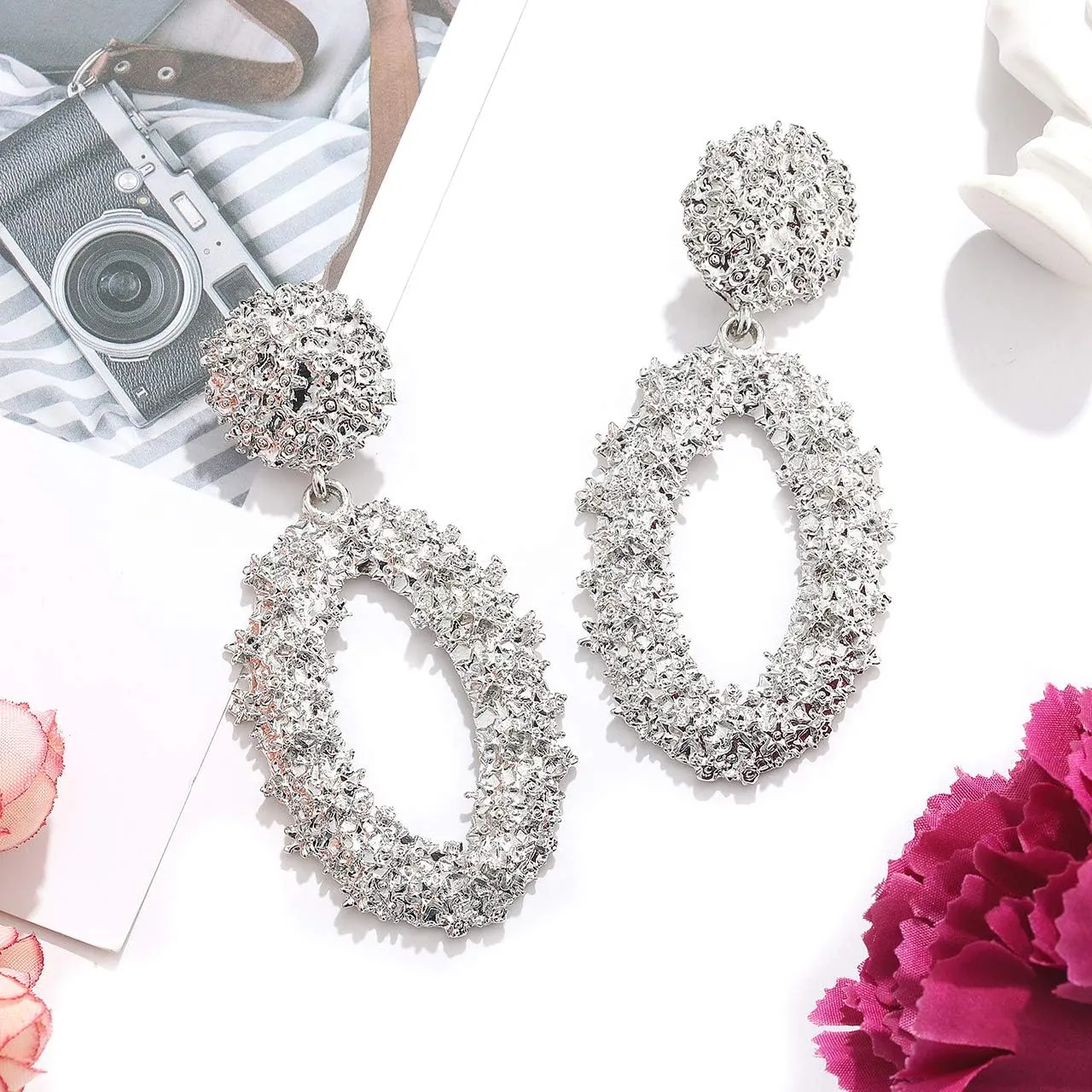 Statement Drop Earrings For Women Boho Textured Dangle Earrings Gorgeous Geometric Oval Raised Earrings