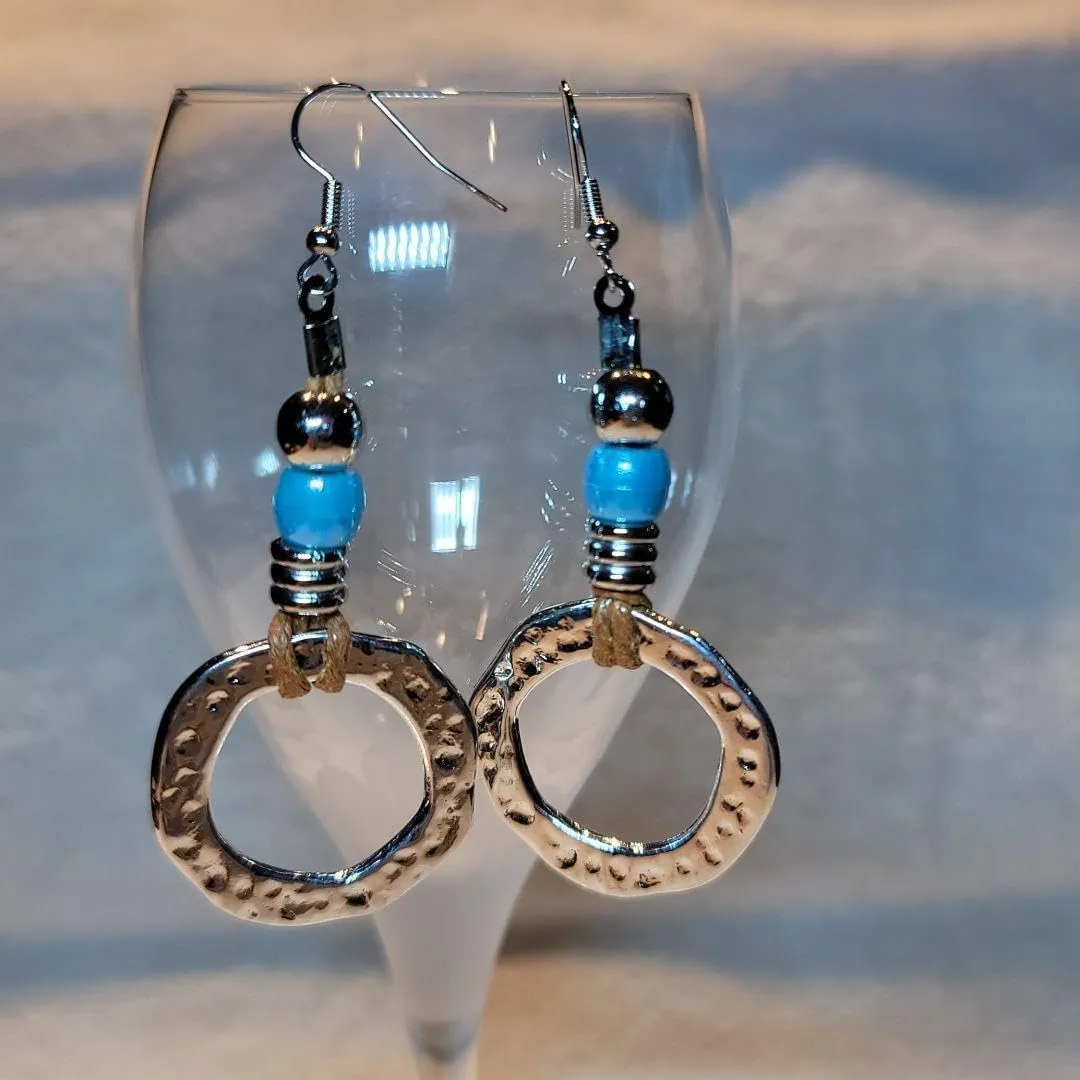 Statement Rustic Boho Hammered Hoop Dangle Earrings  18K Gold Plated, Handmade Silver Tone Circle Earrings with Blue Beads & Leather Cord for Women