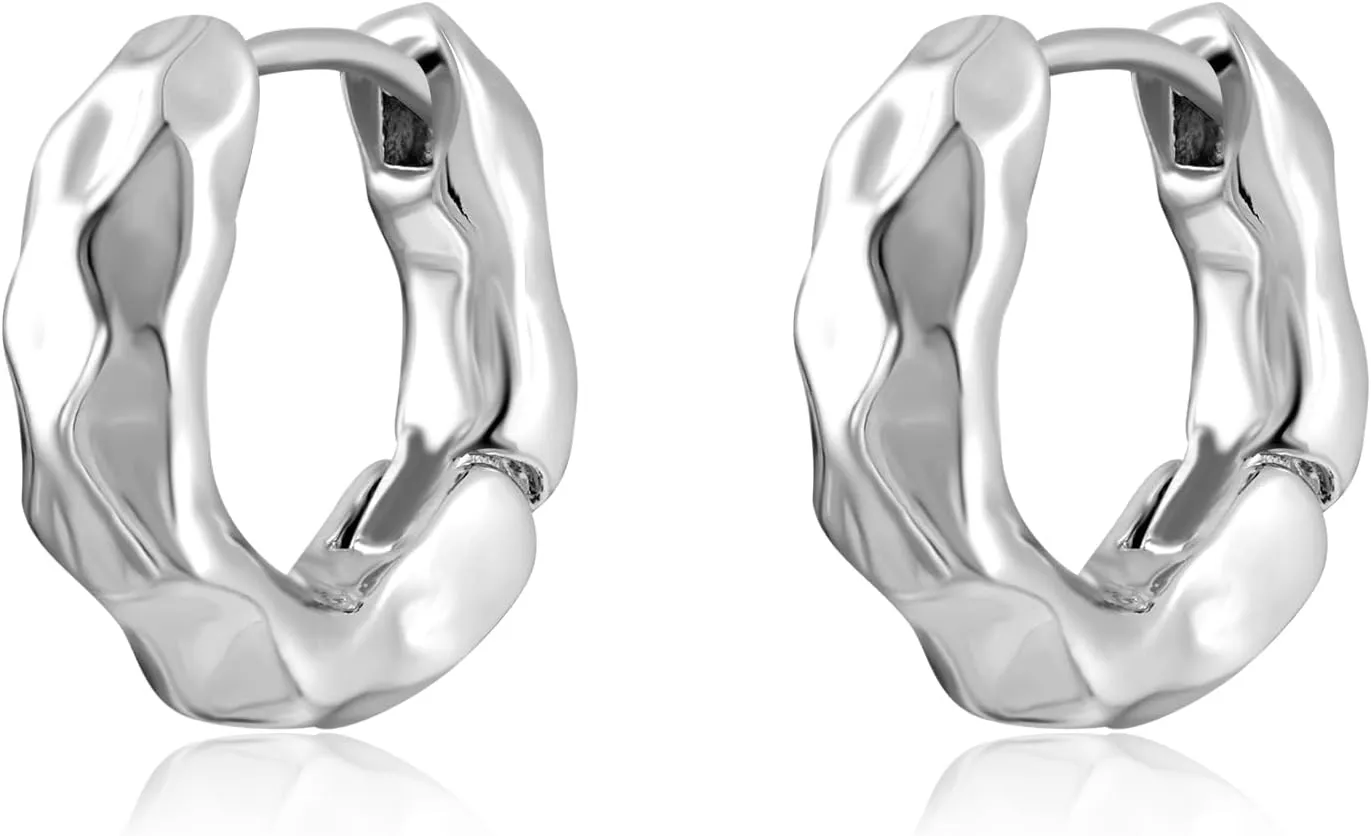 Sterling Silver Chunky Hoop Earrings for Women Hammered Style Small Thick Silver Huggie Earrings