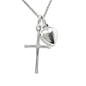 Sterling Silver Dainty Tiny Cross Charm with Heart Charm Necklace, 18"