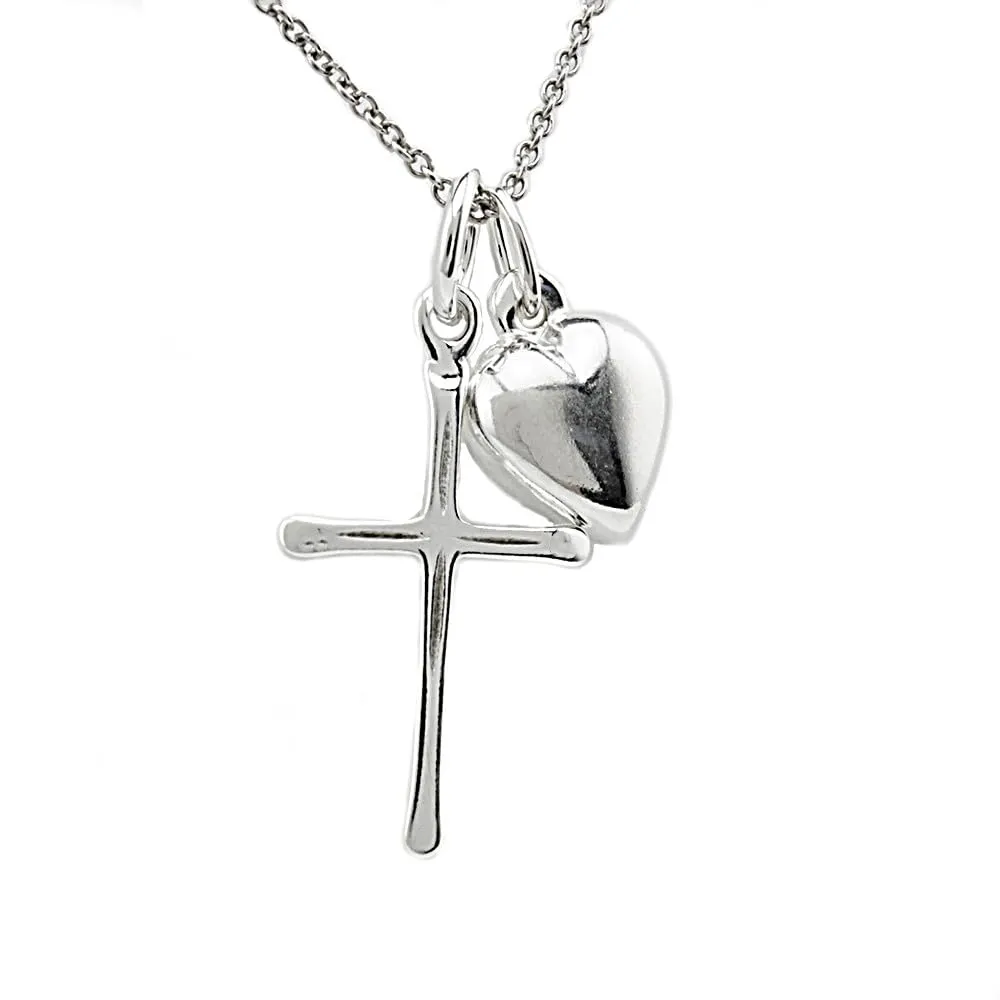 Sterling Silver Dainty Tiny Cross Charm with Heart Charm Necklace, 18"