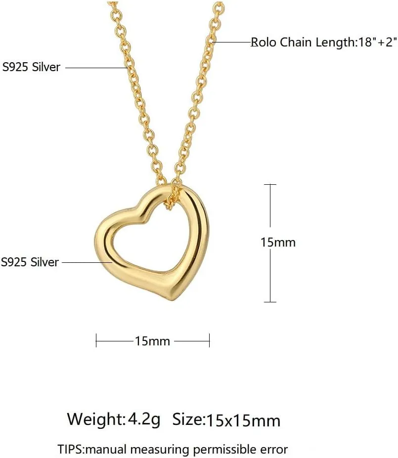 Sterling Silver Open Heart Pendant for Women Floating Heart Necklace I Love You Necklace Simple Heart Jewelry