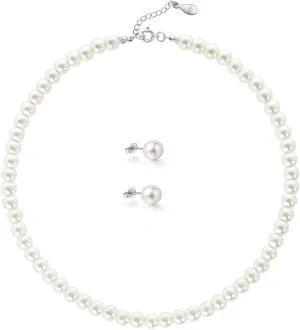Sterling Silver Pearl Necklace and Earrings Set, 8mm Simulated Pearl Choker Necklace with Stud Earrings, Classic Jewelry Set with Luxury Box for Wedding & Mothers Day Gift