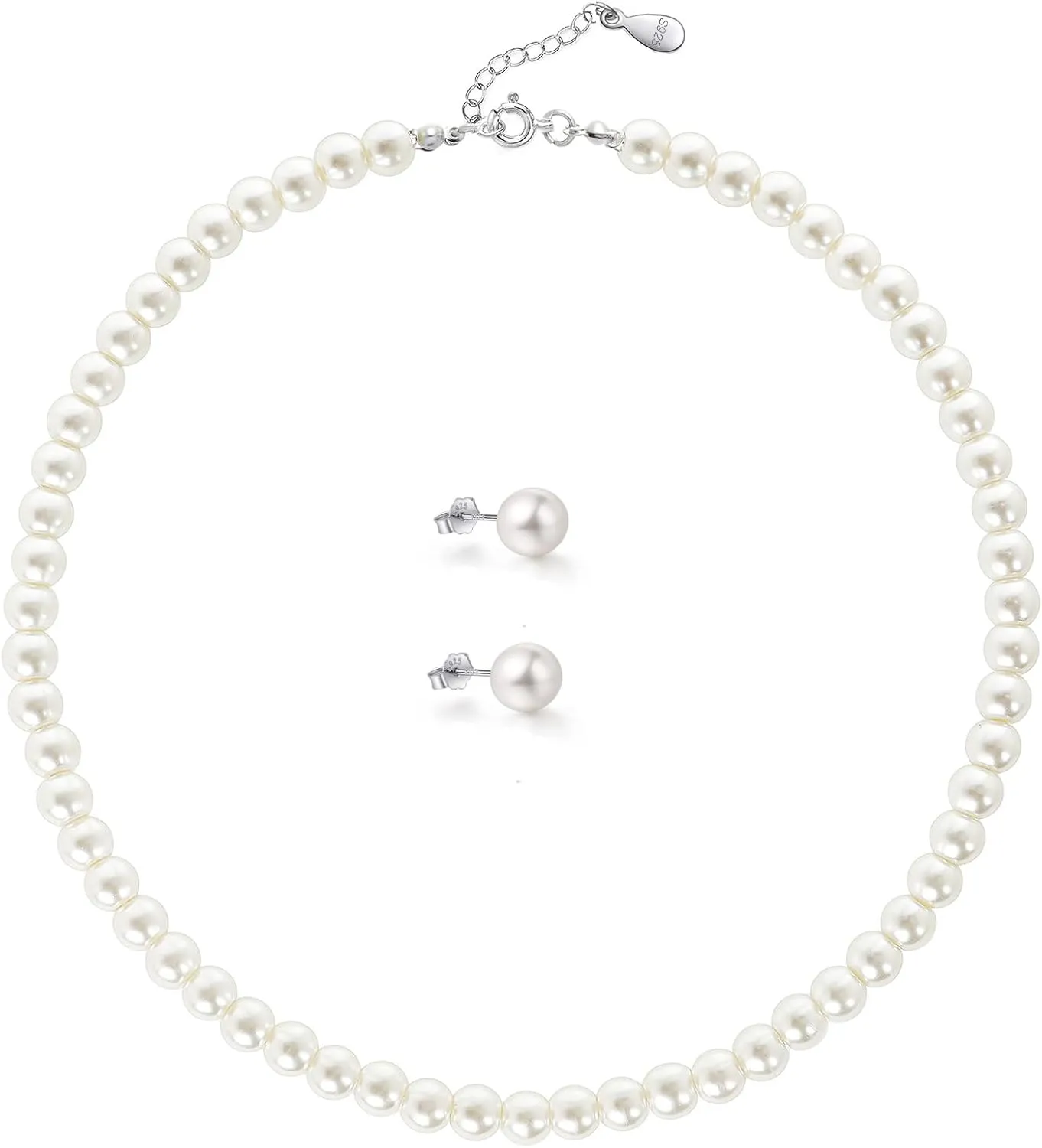 Sterling Silver Pearl Necklace and Earrings Set, 8mm Simulated Pearl Choker Necklace with Stud Earrings, Classic Jewelry Set with Luxury Box for Wedding & Mothers Day Gift