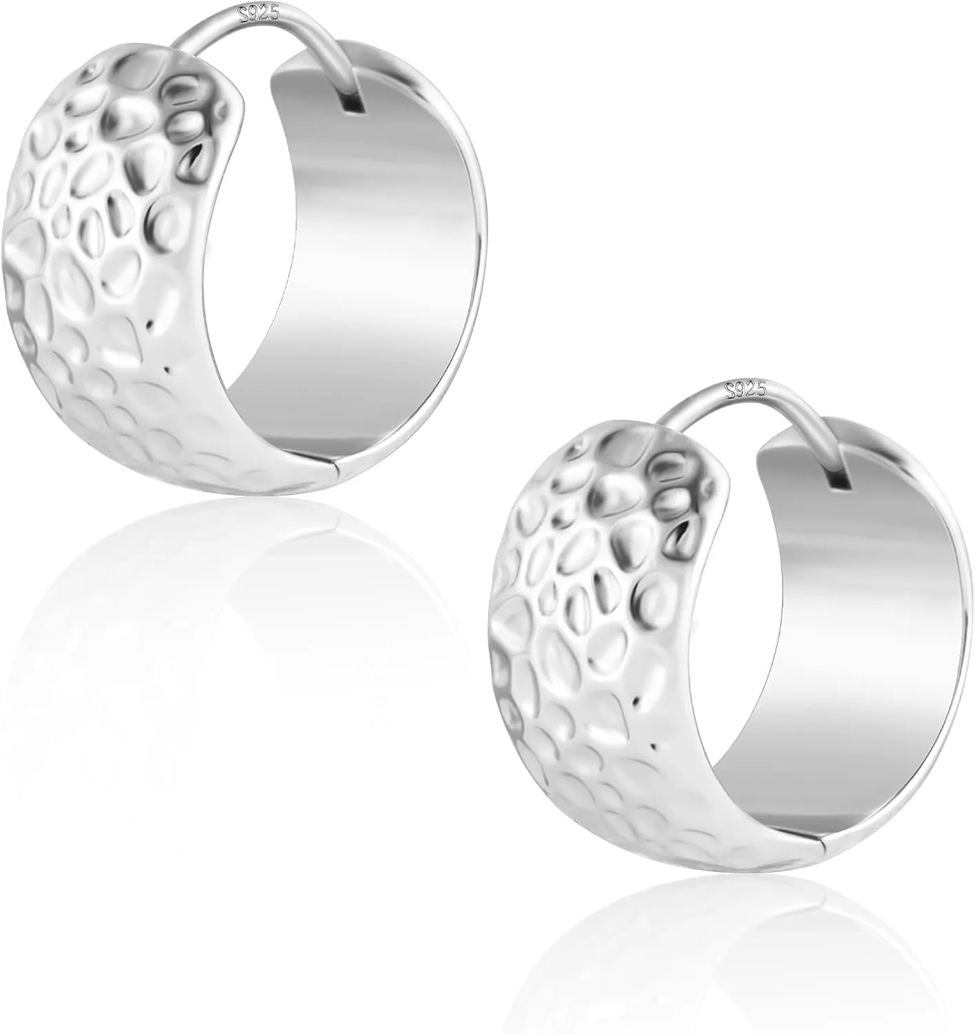 Sterling Silver Small Chunky Hoop Earrings for Women Hammered Earrings Hypoallergenic Texture Thick Hoop Earrings Wide Huggie Hoop Earrings
