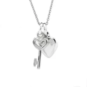 Sterling Silver Tiny Heart Key Charm with Cute Tiny Heart Charm Sterling Silver Necklace, 18"