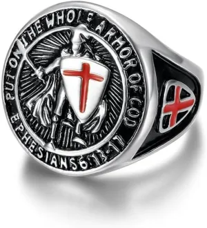Street Fashion Hiphop Style Men's Gilded Vintage Templar Knight Red Cross Shield Stainless Steel Rings Size 7-13