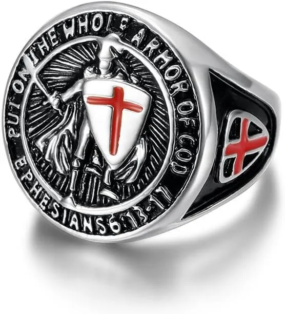 Street Fashion Hiphop Style Men's Gilded Vintage Templar Knight Red Cross Shield Stainless Steel Rings Size 7-13