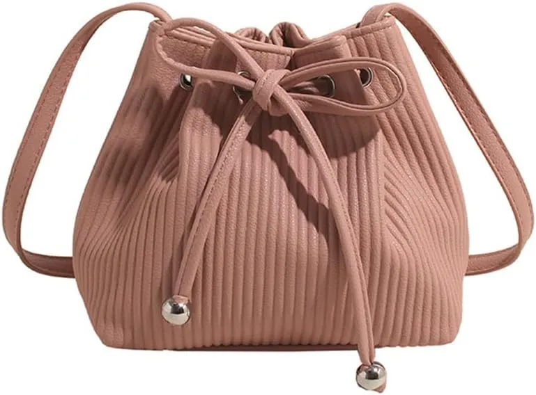 Stripe Drawstring Bucket Bag Small Leather Crossbody Hobo Bucket Satchel Bag Casual Lightweight Drawstring Daypack Purse