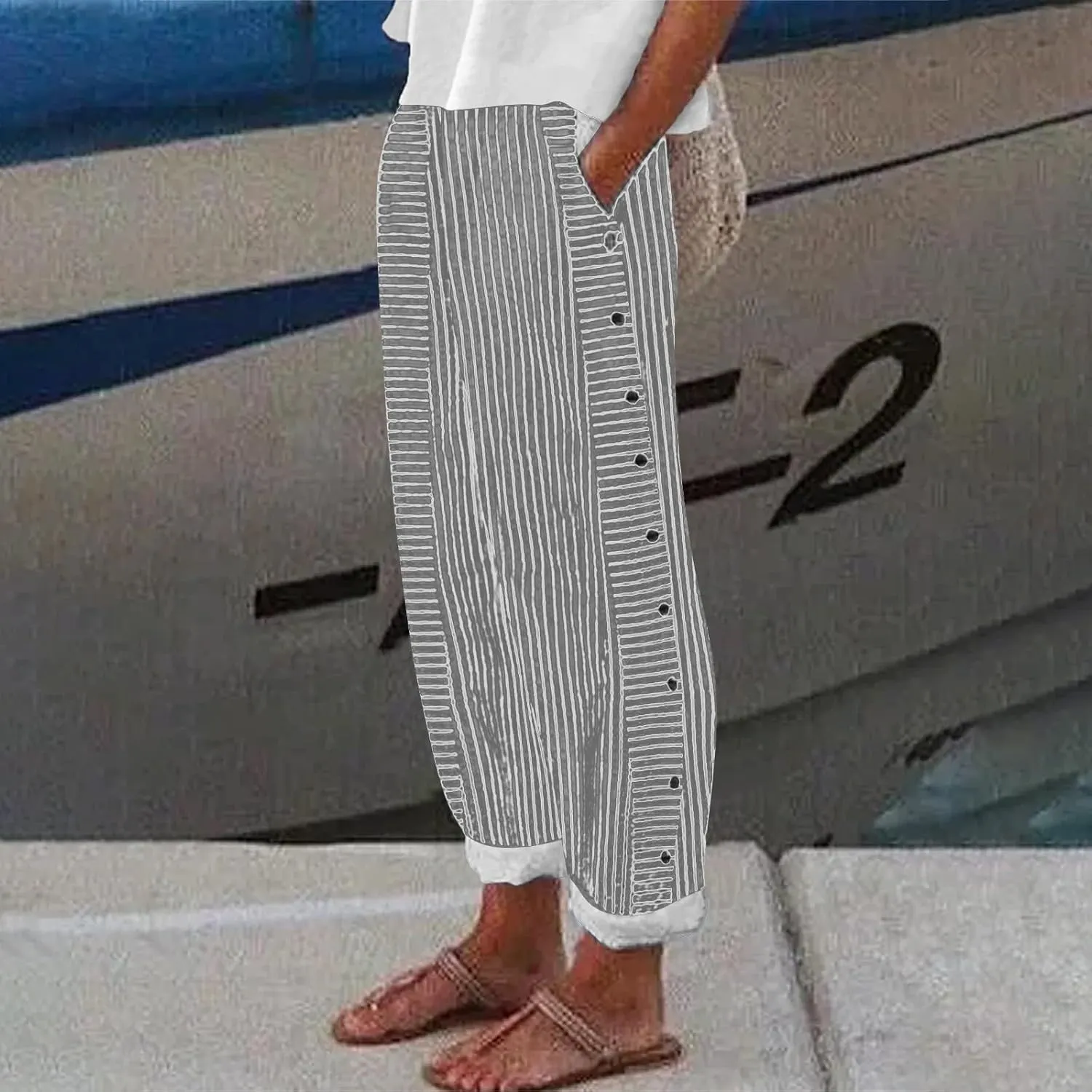 Striped Linen Pants Women Casual Wide Leg Side Button Pants Plus Size Elastic High Waist Loose Trousers with Pocket