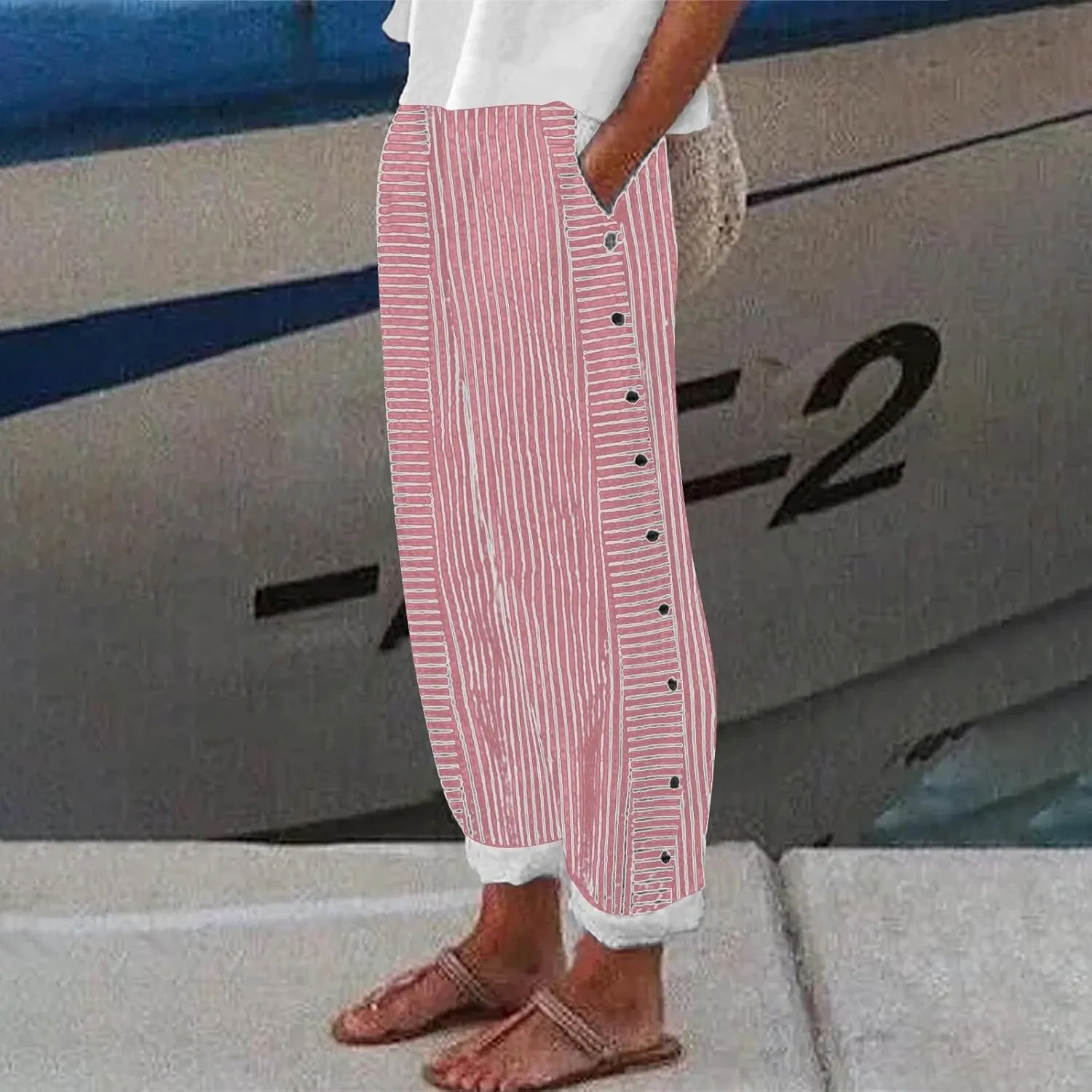 Striped Linen Pants Women Casual Wide Leg Side Button Pants Plus Size Elastic High Waist Loose Trousers with Pocket