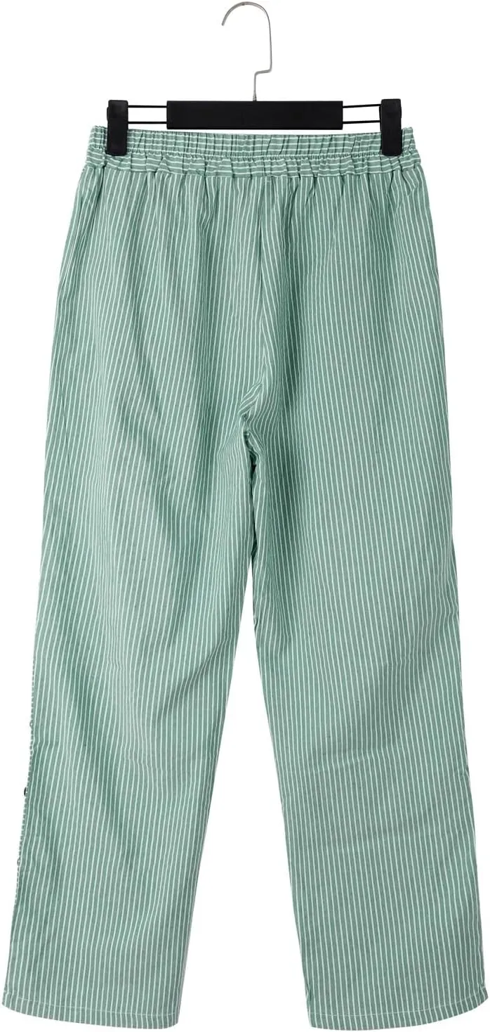 Striped Linen Pants Women Casual Wide Leg Side Button Pants Plus Size Elastic High Waist Loose Trousers with Pocket