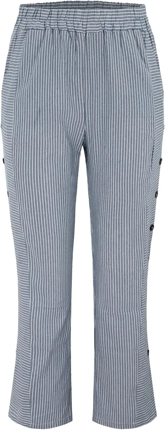 Striped Linen Pants Women Casual Wide Leg Side Button Pants Plus Size Elastic High Waist Loose Trousers with Pocket
