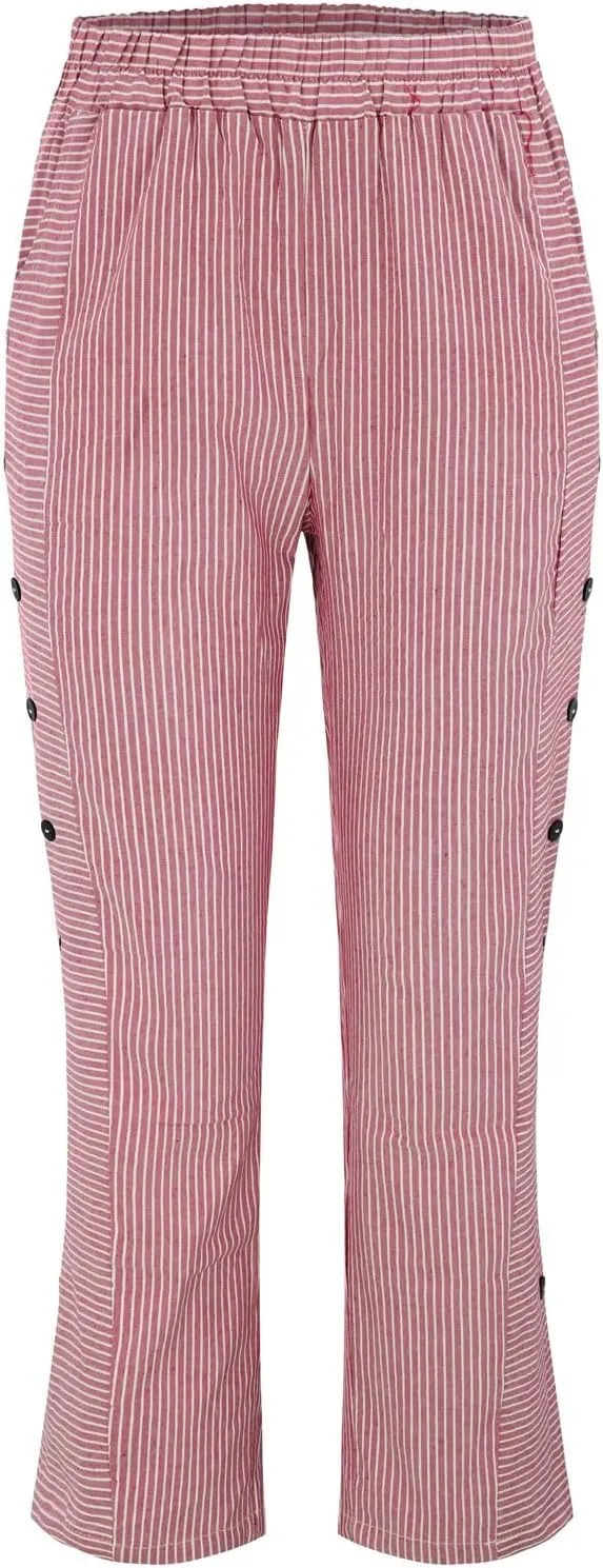 Striped Linen Pants Women Casual Wide Leg Side Button Pants Plus Size Elastic High Waist Loose Trousers with Pocket