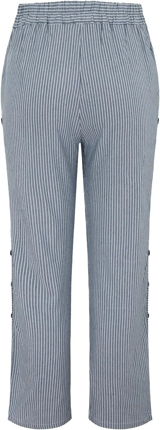 Striped Linen Pants Women Casual Wide Leg Side Button Pants Plus Size Elastic High Waist Loose Trousers with Pocket
