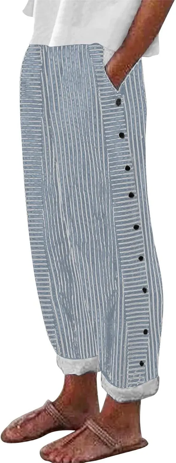 Striped Linen Pants Women Casual Wide Leg Side Button Pants Plus Size Elastic High Waist Loose Trousers with Pocket