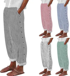 Striped Linen Pants Women Casual Wide Leg Side Button Pants Plus Size Elastic High Waist Loose Trousers with Pocket
