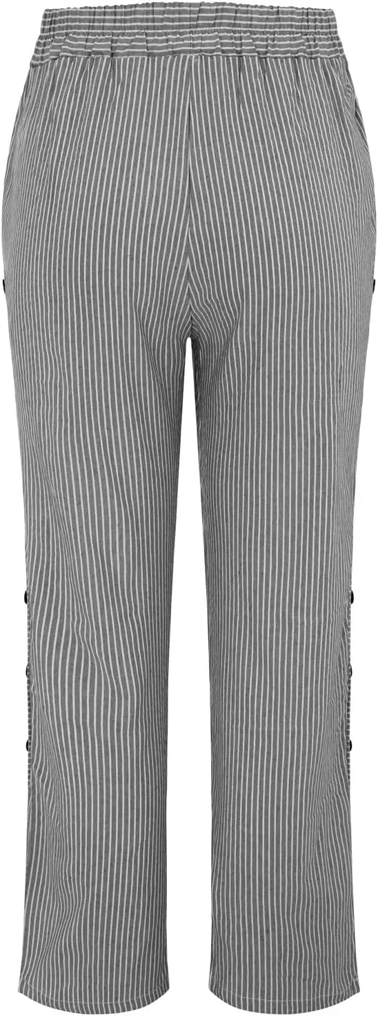 Striped Linen Pants Women Casual Wide Leg Side Button Pants Plus Size Elastic High Waist Loose Trousers with Pocket