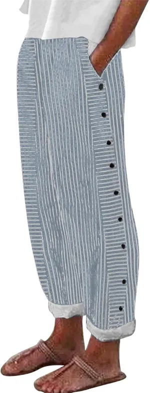 Striped Linen Pants Women Casual Wide Leg Side Button Pants Plus Size Elastic High Waist Loose Trousers with Pocket