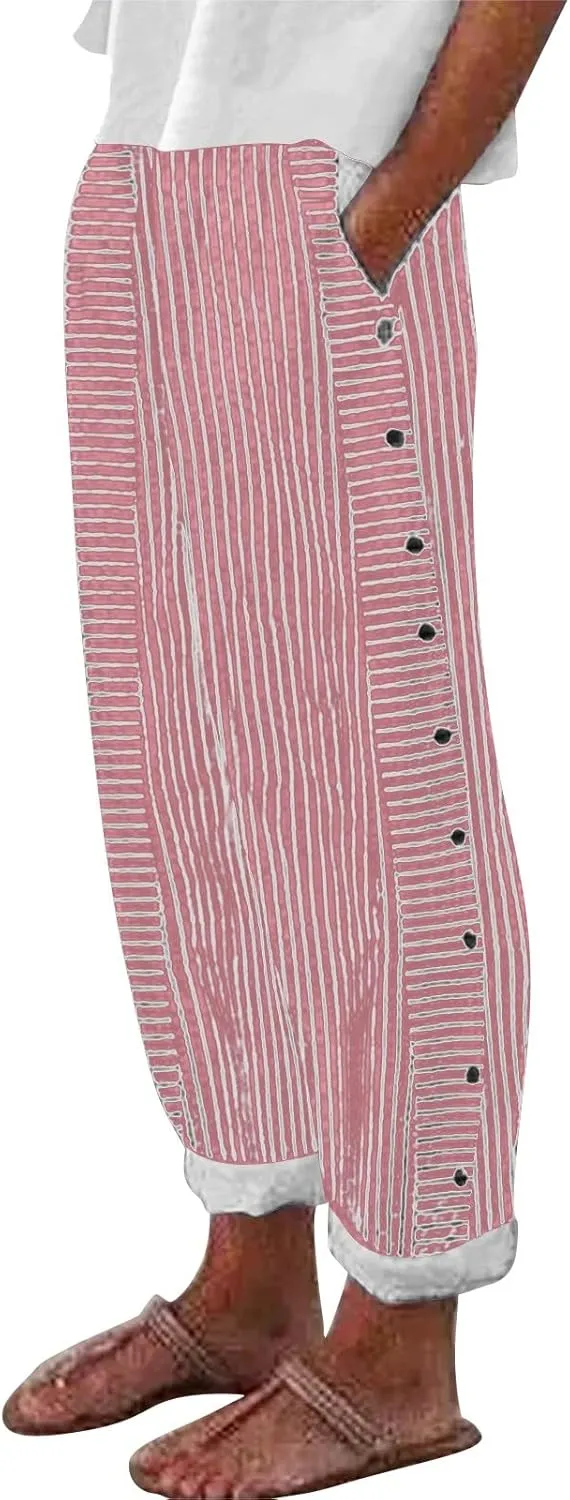 Striped Linen Pants Women Casual Wide Leg Side Button Pants Plus Size Elastic High Waist Loose Trousers with Pocket