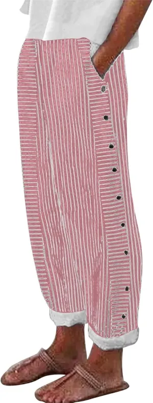 Striped Linen Pants Women Casual Wide Leg Side Button Pants Plus Size Elastic High Waist Loose Trousers with Pocket