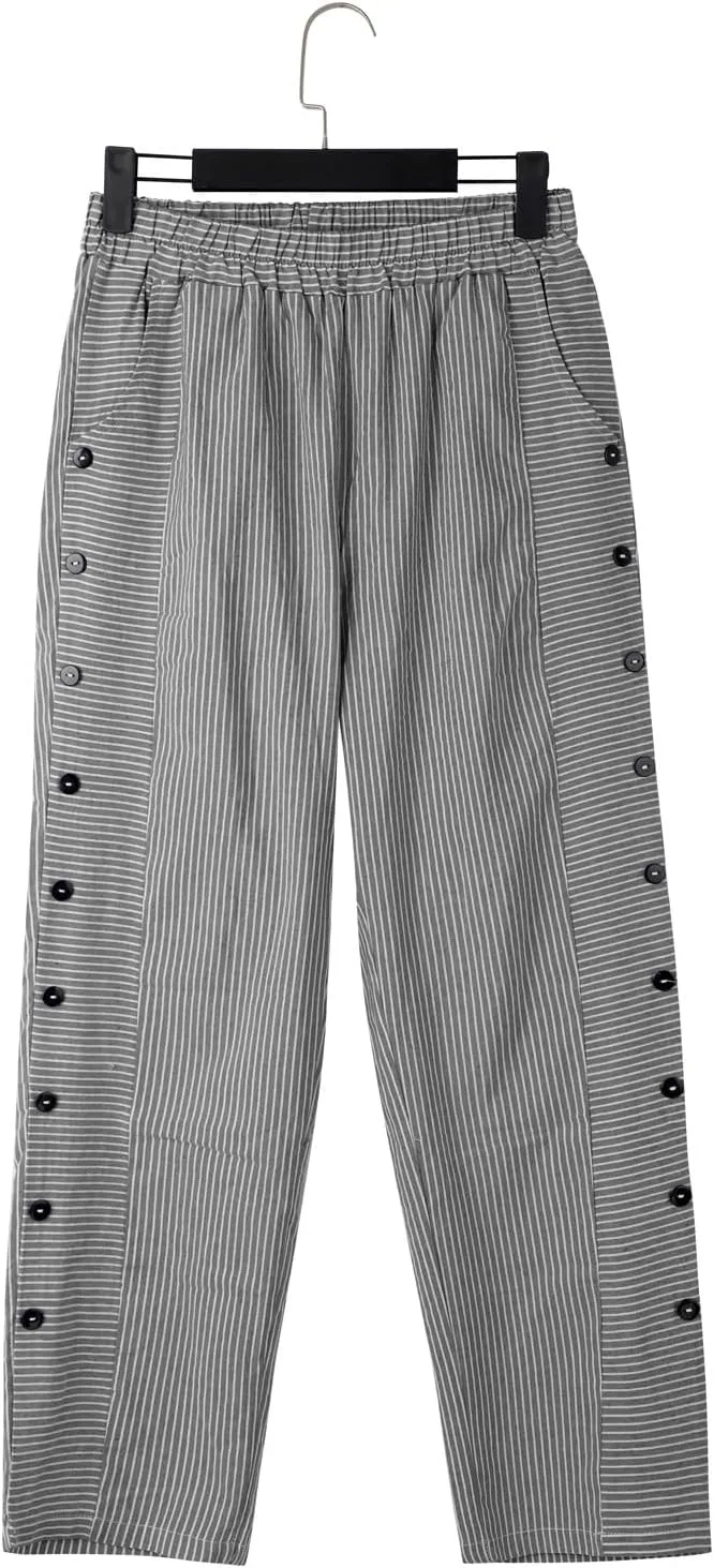 Striped Linen Pants Women Casual Wide Leg Side Button Pants Plus Size Elastic High Waist Loose Trousers with Pocket
