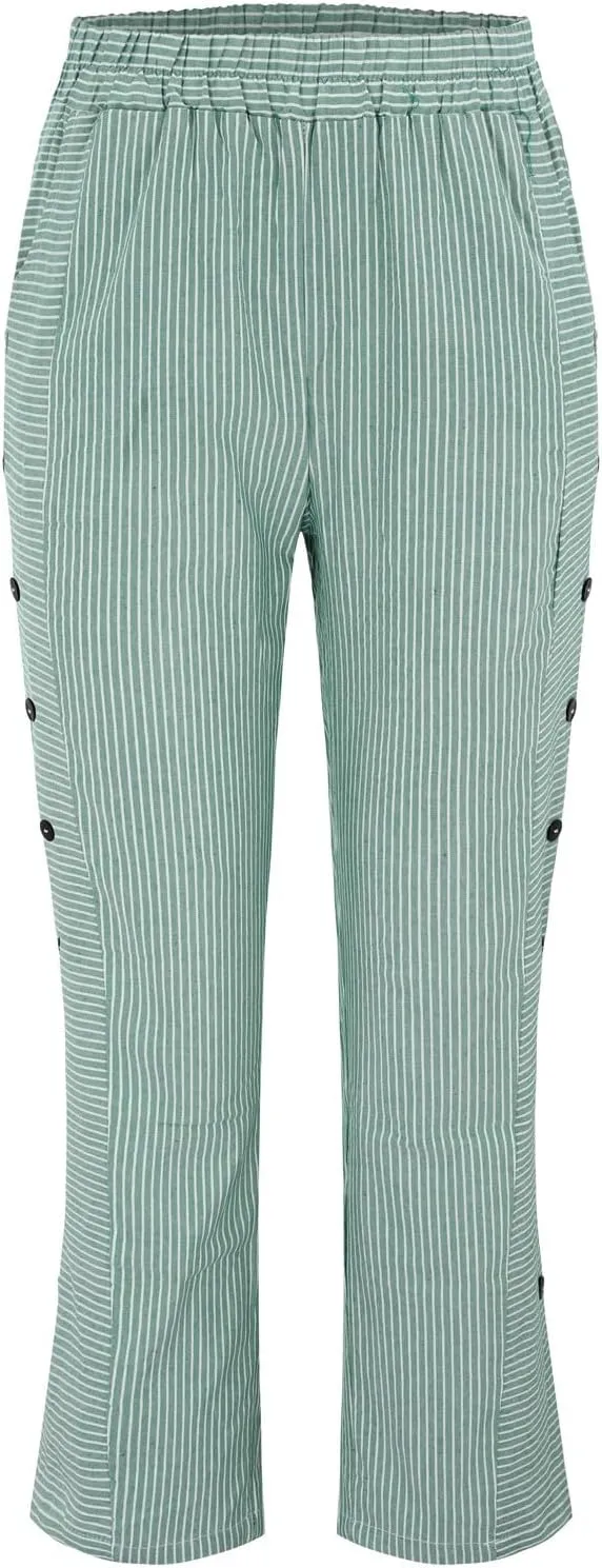 Striped Linen Pants Women Casual Wide Leg Side Button Pants Plus Size Elastic High Waist Loose Trousers with Pocket