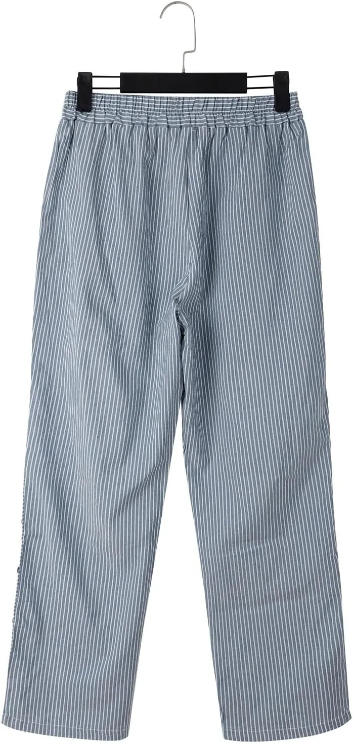 Striped Linen Pants Women Casual Wide Leg Side Button Pants Plus Size Elastic High Waist Loose Trousers with Pocket