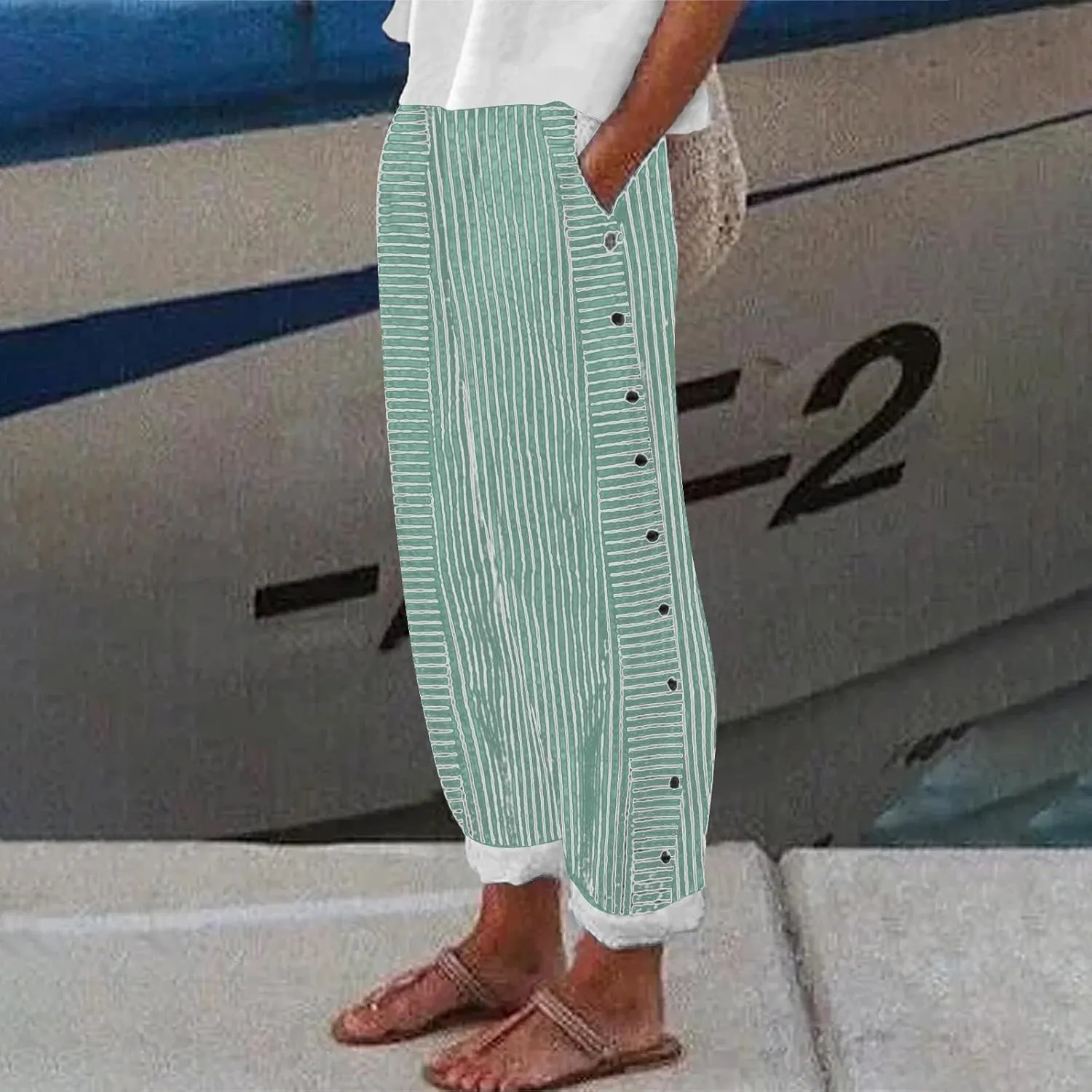 Striped Linen Pants Women Casual Wide Leg Side Button Pants Plus Size Elastic High Waist Loose Trousers with Pocket
