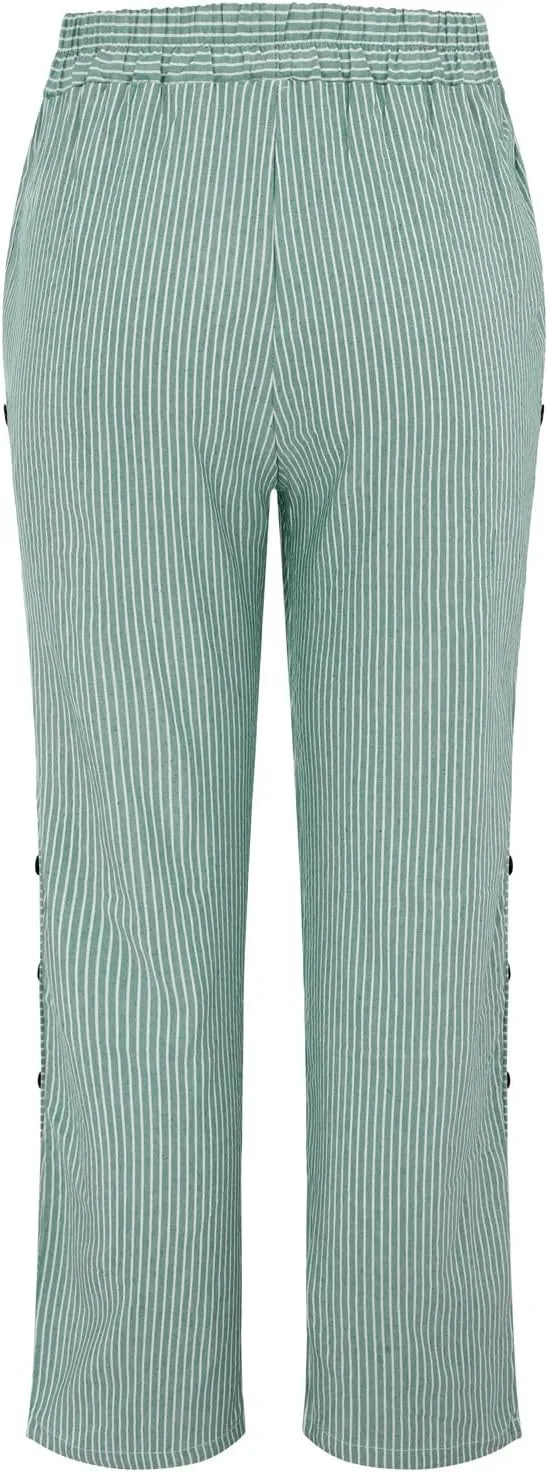 Striped Linen Pants Women Casual Wide Leg Side Button Pants Plus Size Elastic High Waist Loose Trousers with Pocket