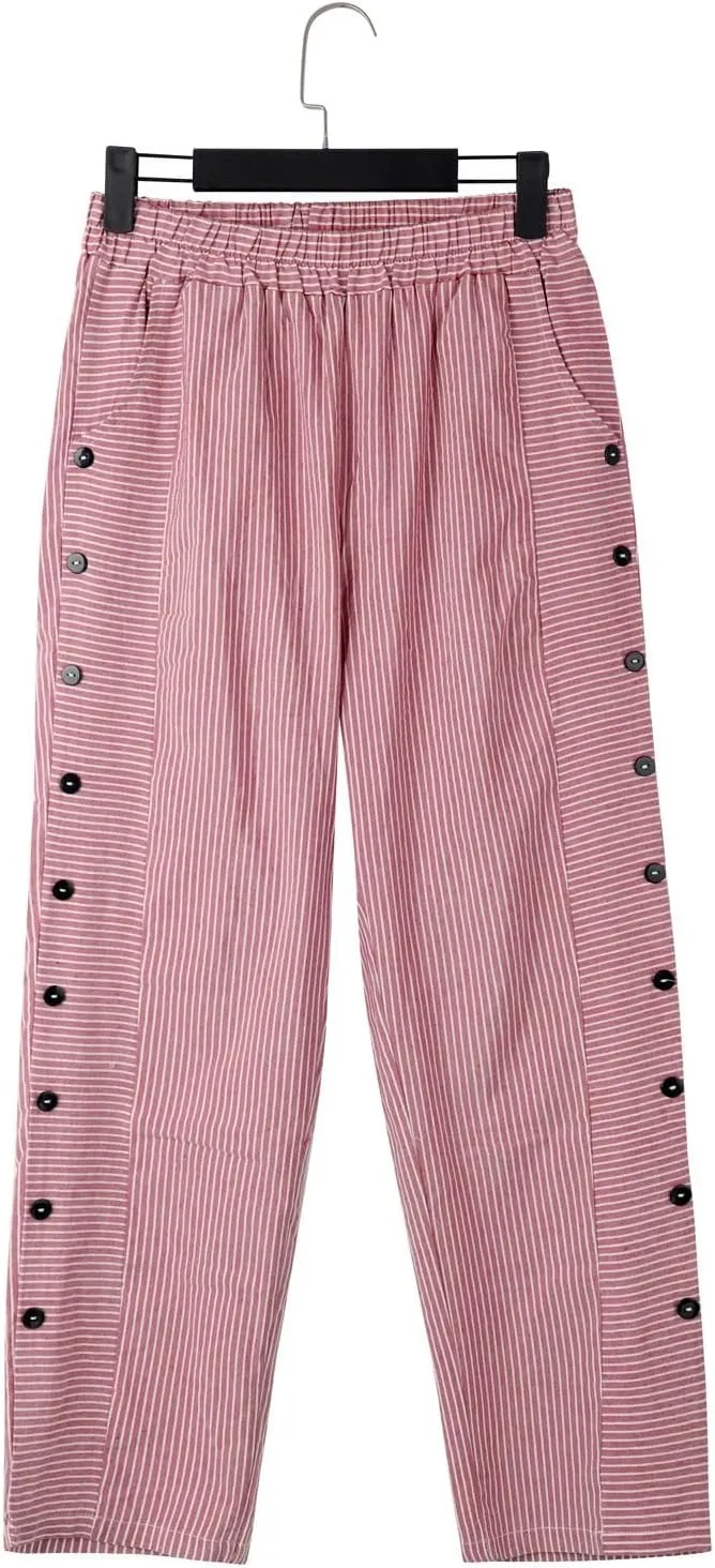Striped Linen Pants Women Casual Wide Leg Side Button Pants Plus Size Elastic High Waist Loose Trousers with Pocket