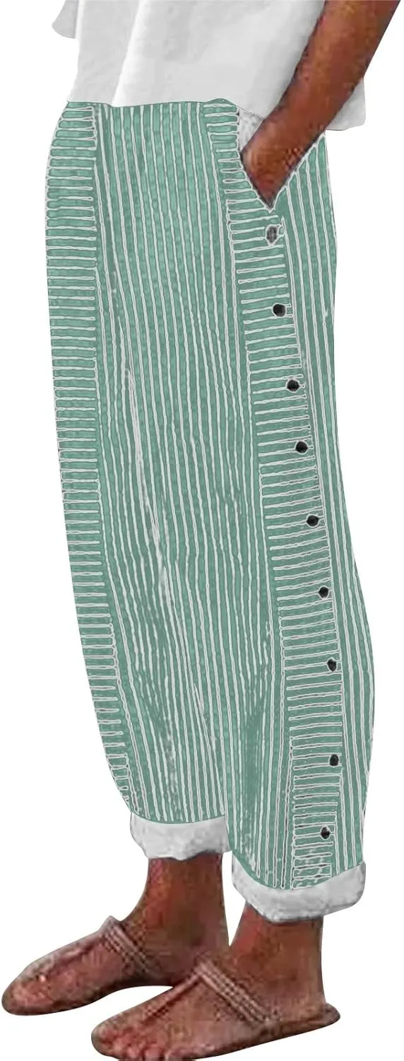 Striped Linen Pants Women Casual Wide Leg Side Button Pants Plus Size Elastic High Waist Loose Trousers with Pocket