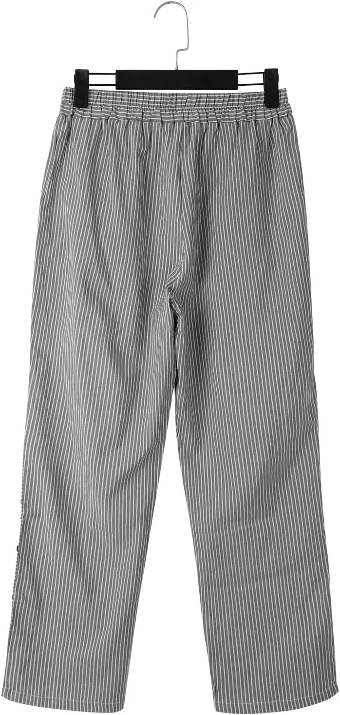 Striped Linen Pants Women Casual Wide Leg Side Button Pants Plus Size Elastic High Waist Loose Trousers with Pocket
