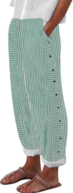 Striped Linen Pants Women Casual Wide Leg Side Button Pants Plus Size Elastic High Waist Loose Trousers with Pocket