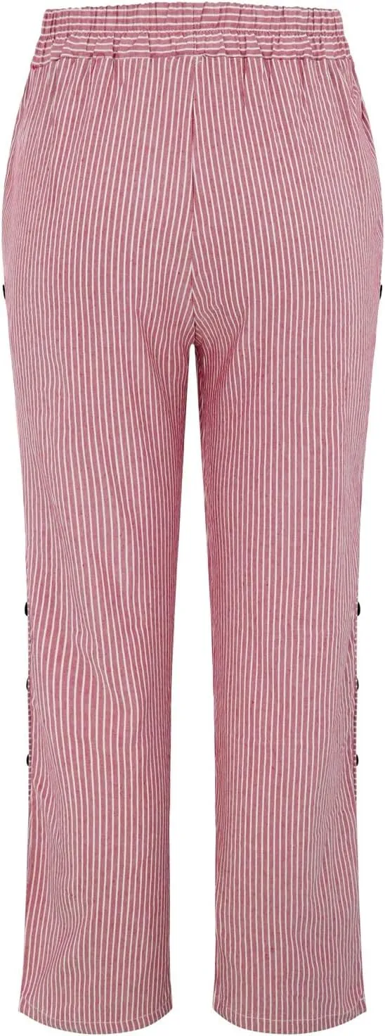Striped Linen Pants Women Casual Wide Leg Side Button Pants Plus Size Elastic High Waist Loose Trousers with Pocket