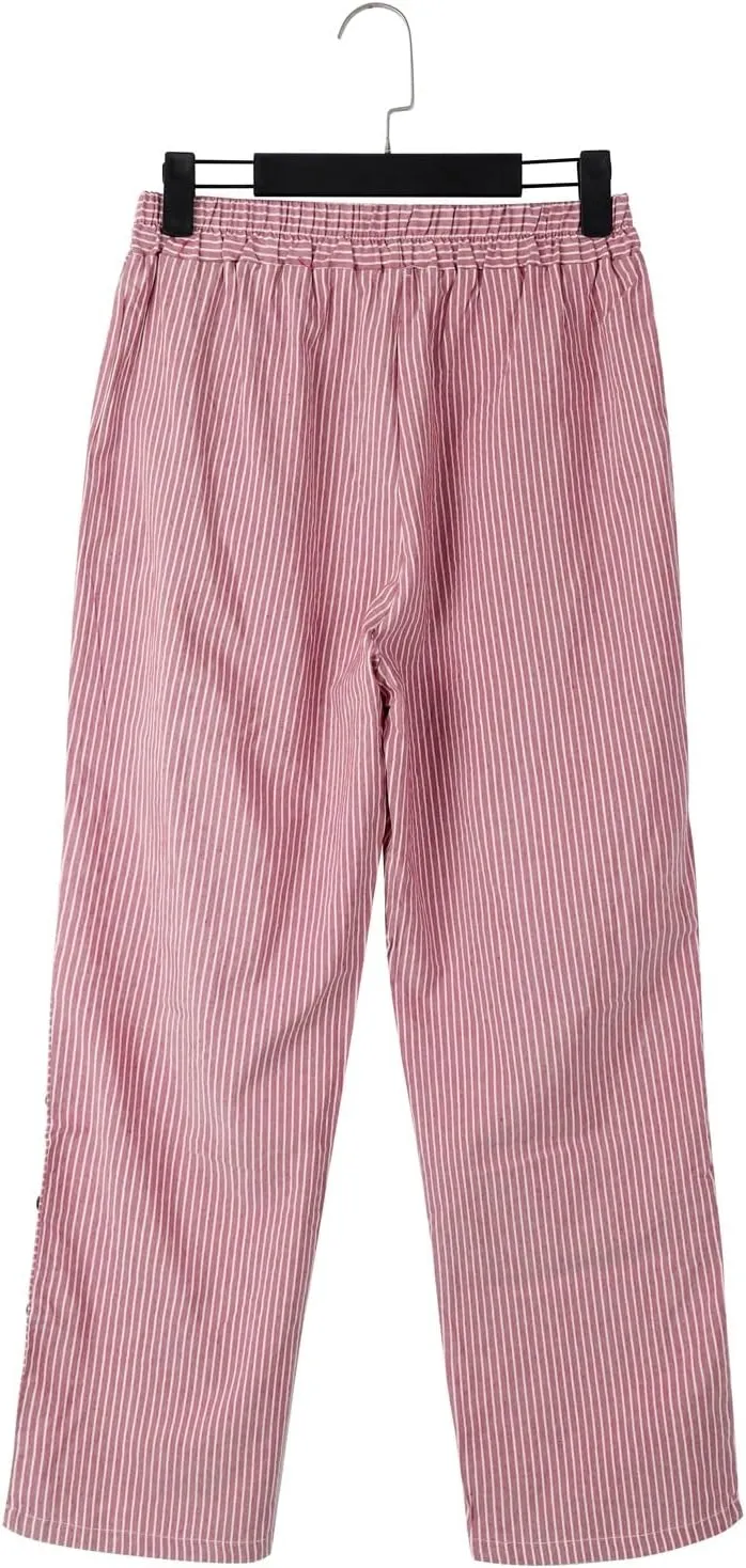 Striped Linen Pants Women Casual Wide Leg Side Button Pants Plus Size Elastic High Waist Loose Trousers with Pocket