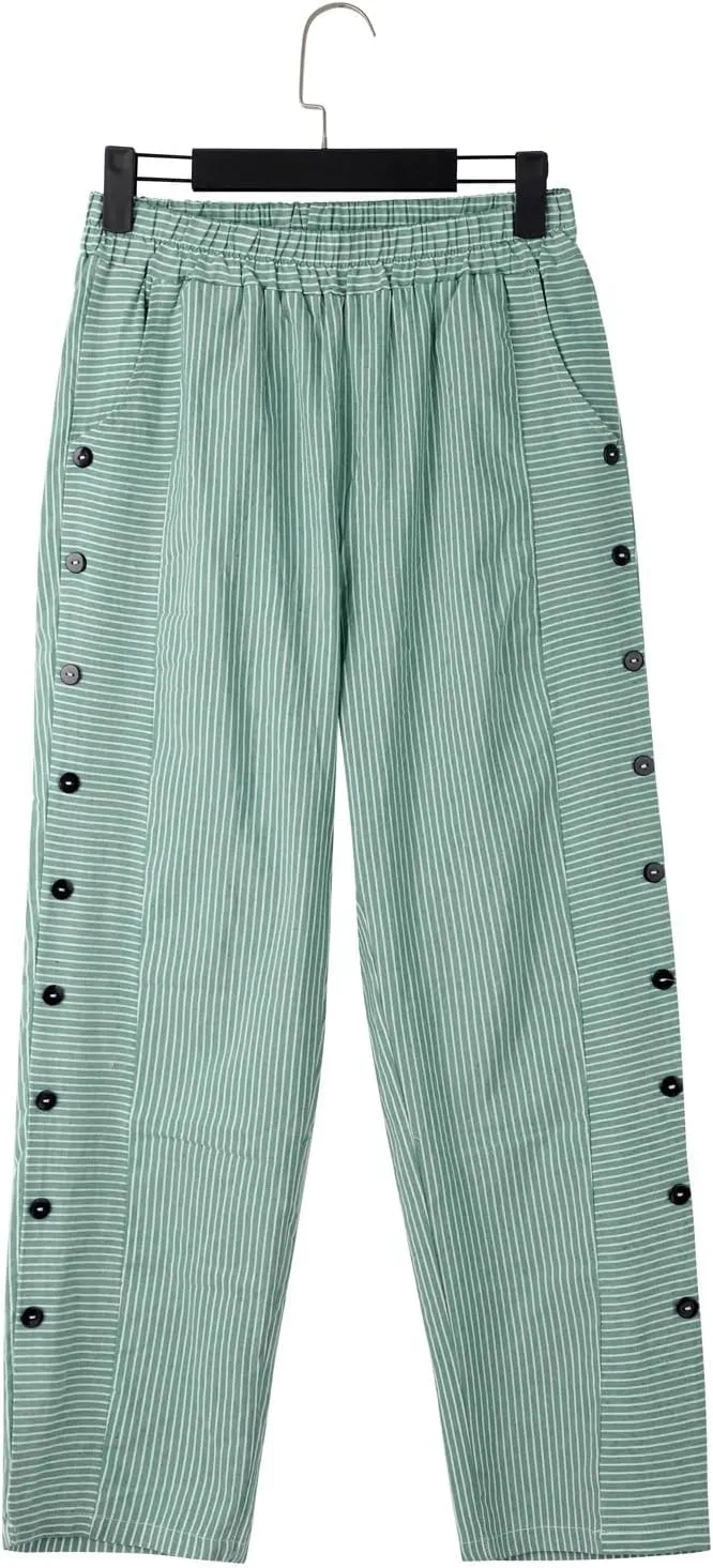 Striped Linen Pants Women Casual Wide Leg Side Button Pants Plus Size Elastic High Waist Loose Trousers with Pocket